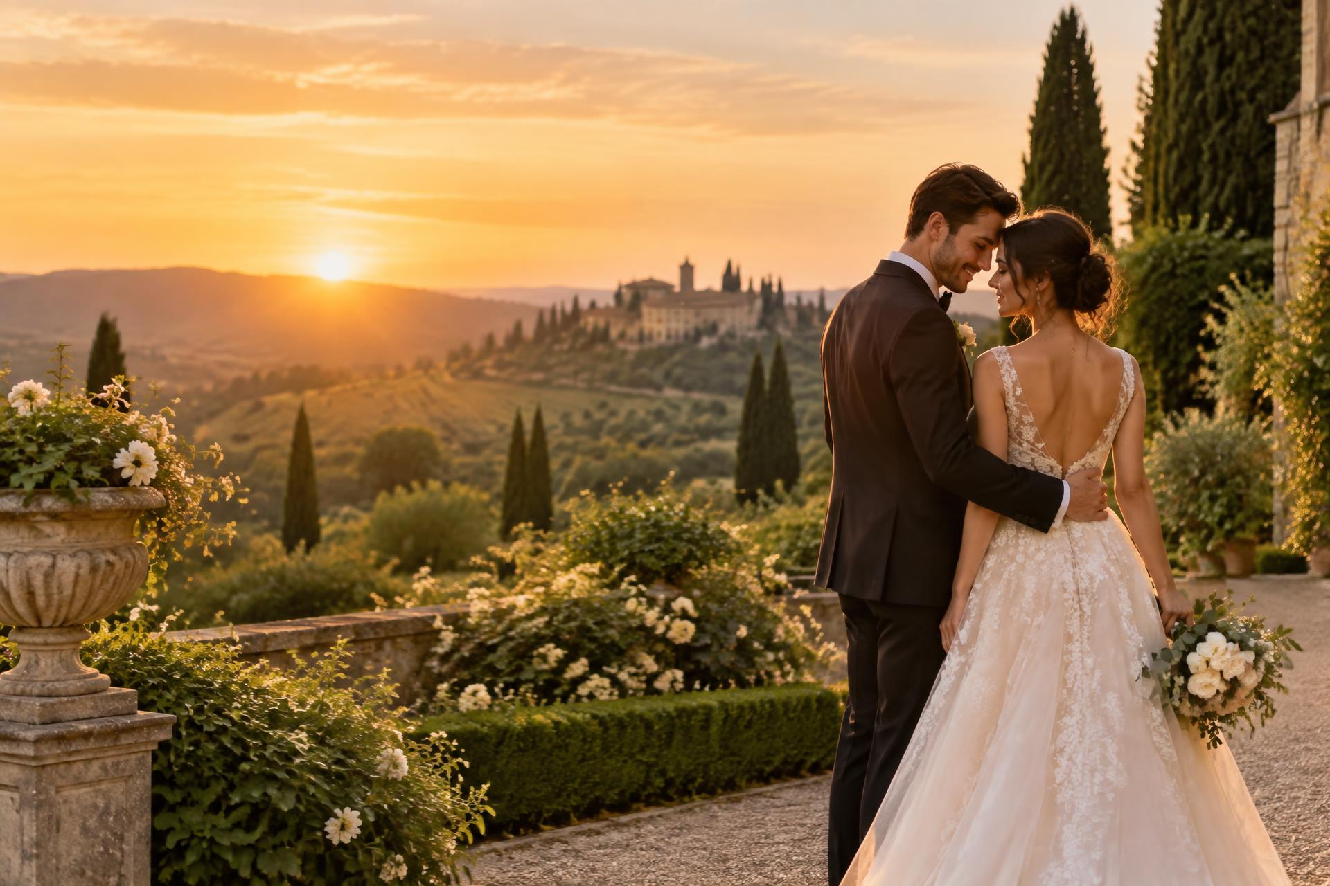 Due sposi in un giardino italiano al tramonto